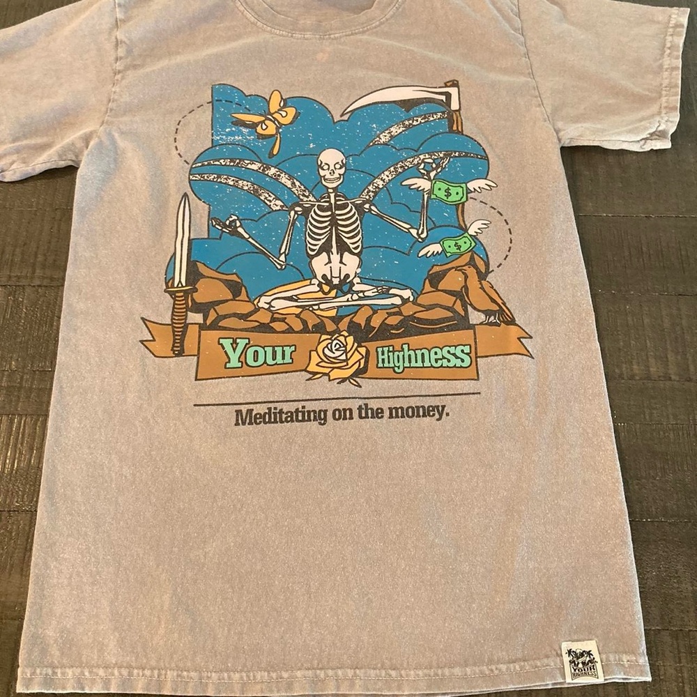 Zumiez Your Highness Gray Graphic Tee with meditating skeleton image